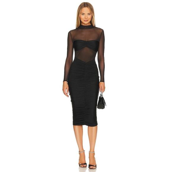 SER.O.YA Sheer Mesh Bodice Levina Dress Ruched Long Sleeve Black Size XS NWT - Picture 4 of 12